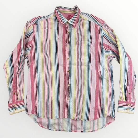 TOMMY BAHAMA Rekax Mens Linen Striped Multicolor Button Up Long Sleeve Shirt L - Picture 1 of 7